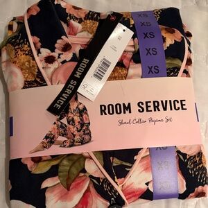 Room Service Floral Shawl Collar Pajama Set - Black and Pink